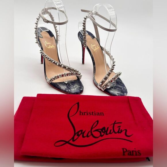 Christian Louboutin Mafaldina Spikes Denim & Leather 100 Heels Sandals EU 37 US7 - Picture 1 of 12